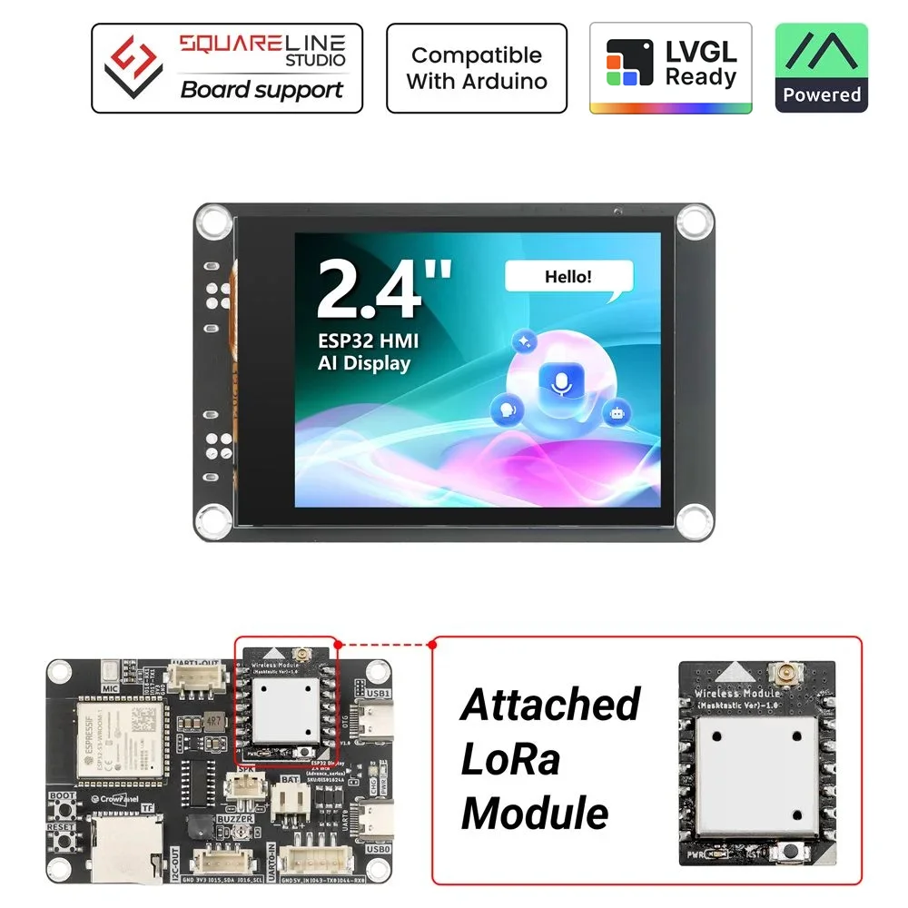 Elecrow CrowPanel Advance 2.4-inch display showing Meshtastic with its LoRa module