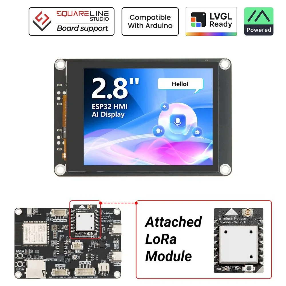 Elecrow CrowPanel Advance 2.8-inch display showing Meshtastic with its LoRa module