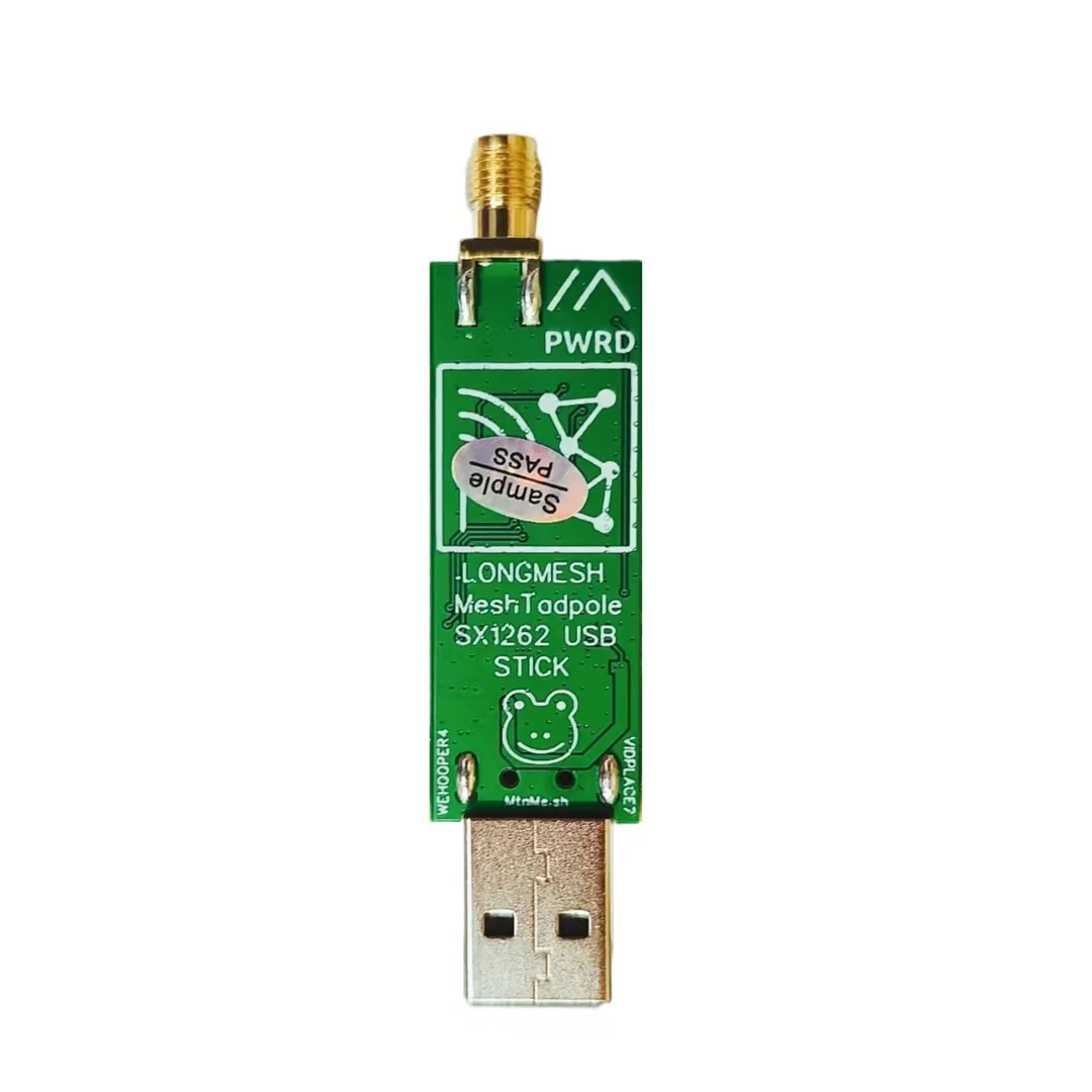 MeshTadpole USB LoRa radio with its SMA antenna connector