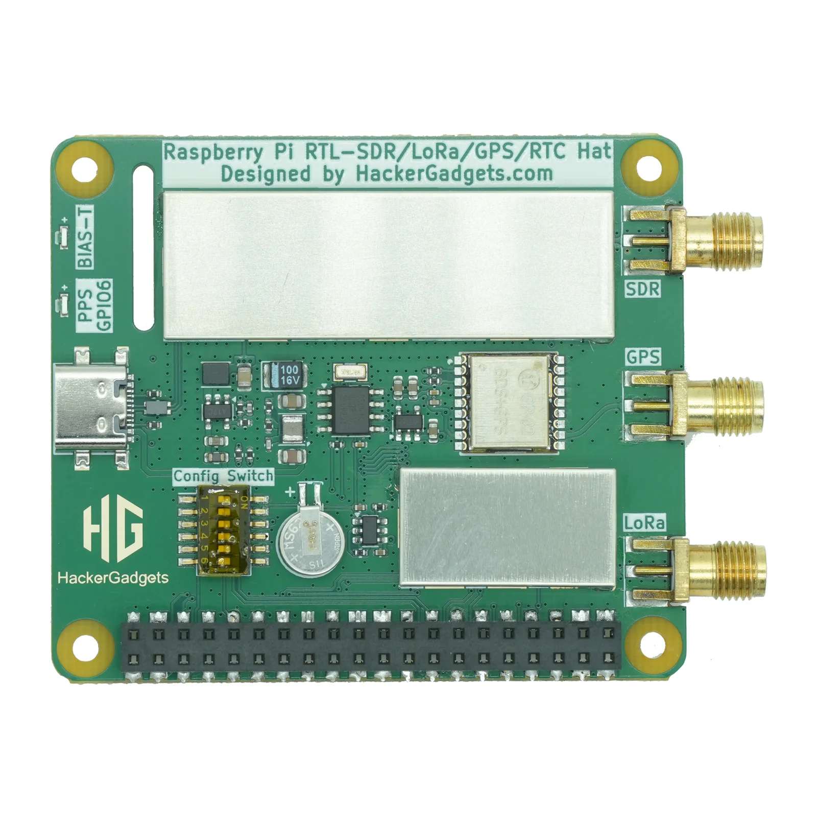 HackerGadgets RTL-SDR/LoRa/GPS/RTC HAT for Raspberry Pi, top view with SDR, GPS and LoRa SMA connectors