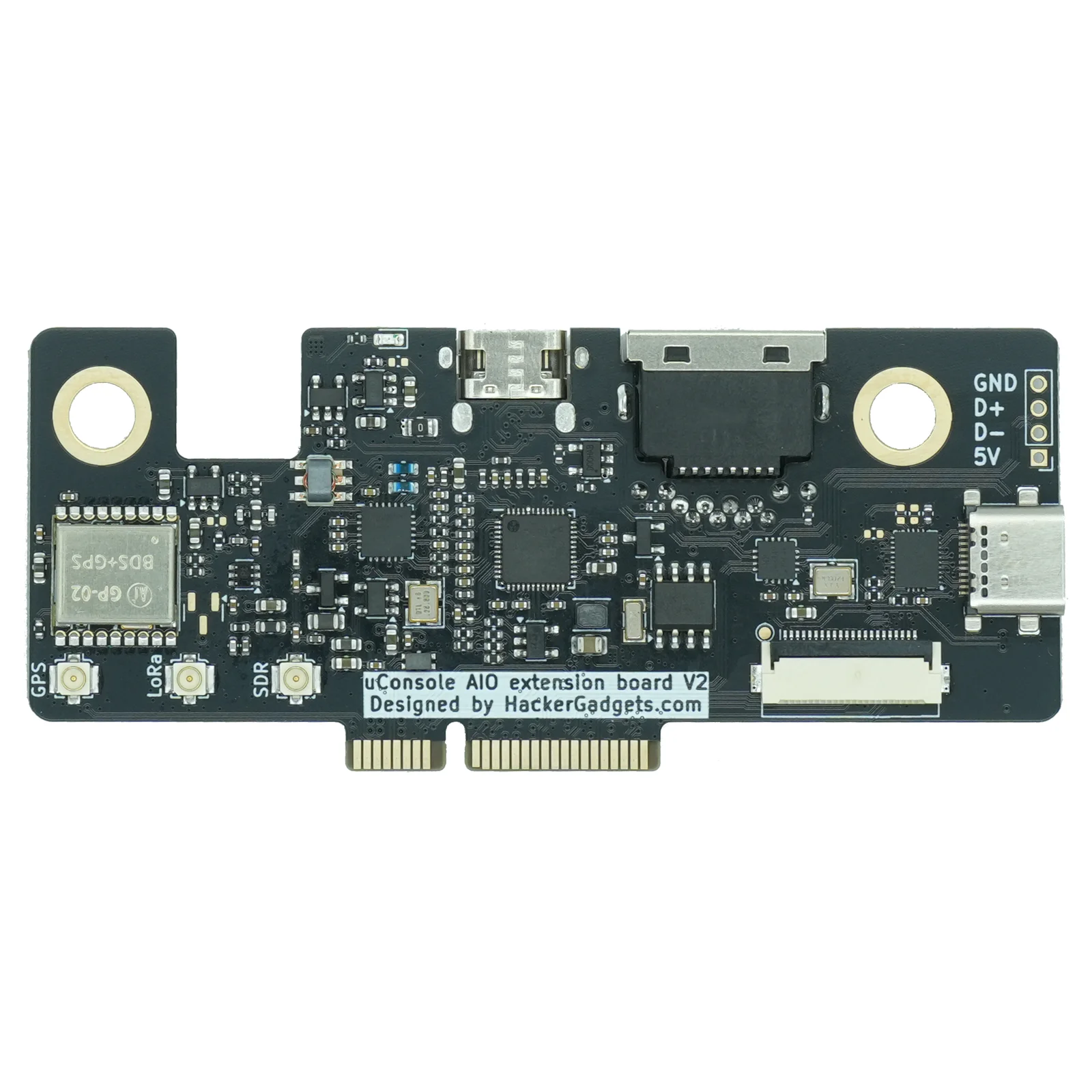 HackerGadgets uConsole AIO V2 expansion board, front, with GPS, LoRa and SDR antenna connectors