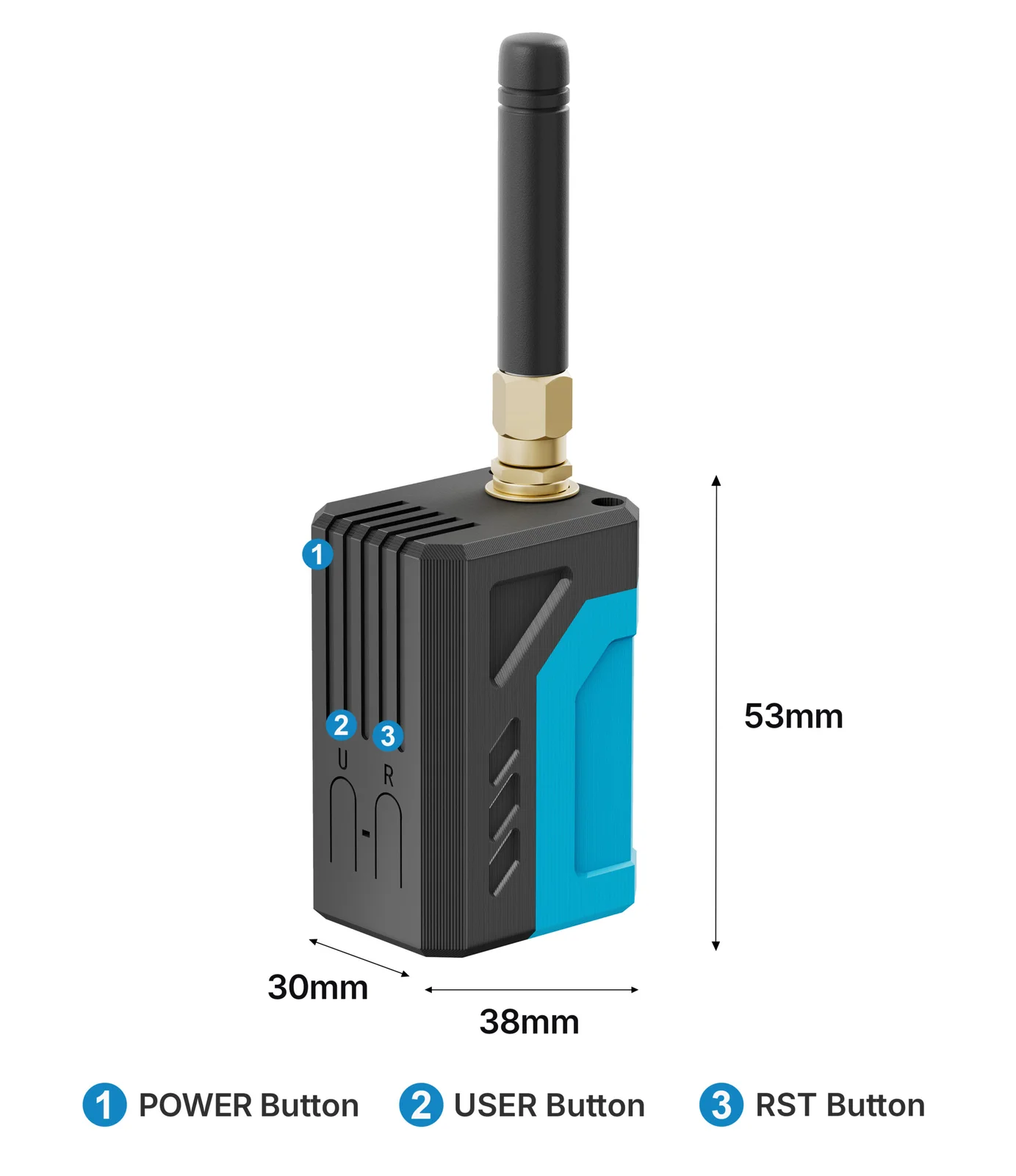 Heltec RadioCore GB01 node in its black and blue enclosure with external antenna; the selected RadioCore is inside the case.