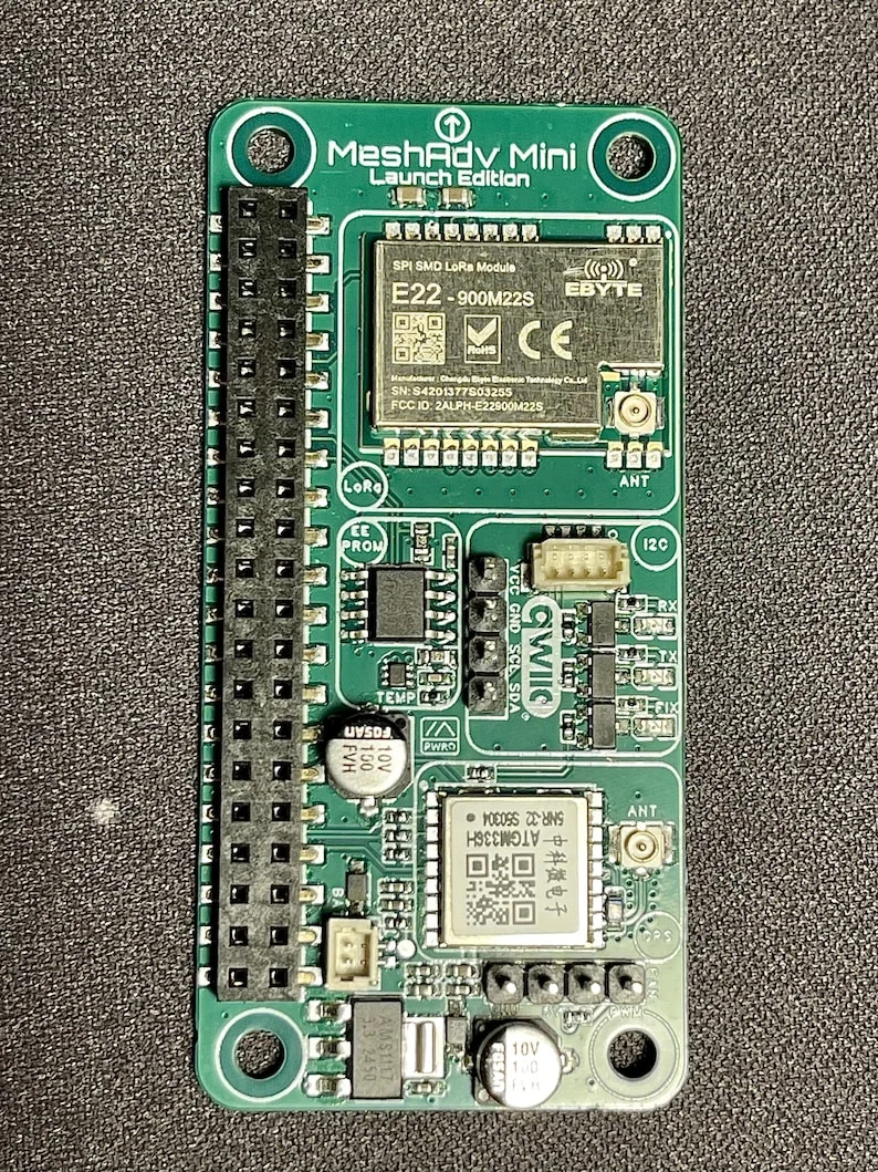 MeshAdv Mini Launch Edition Raspberry Pi HAT with Ebyte E22-900M22S radio, GPS module, and extended header