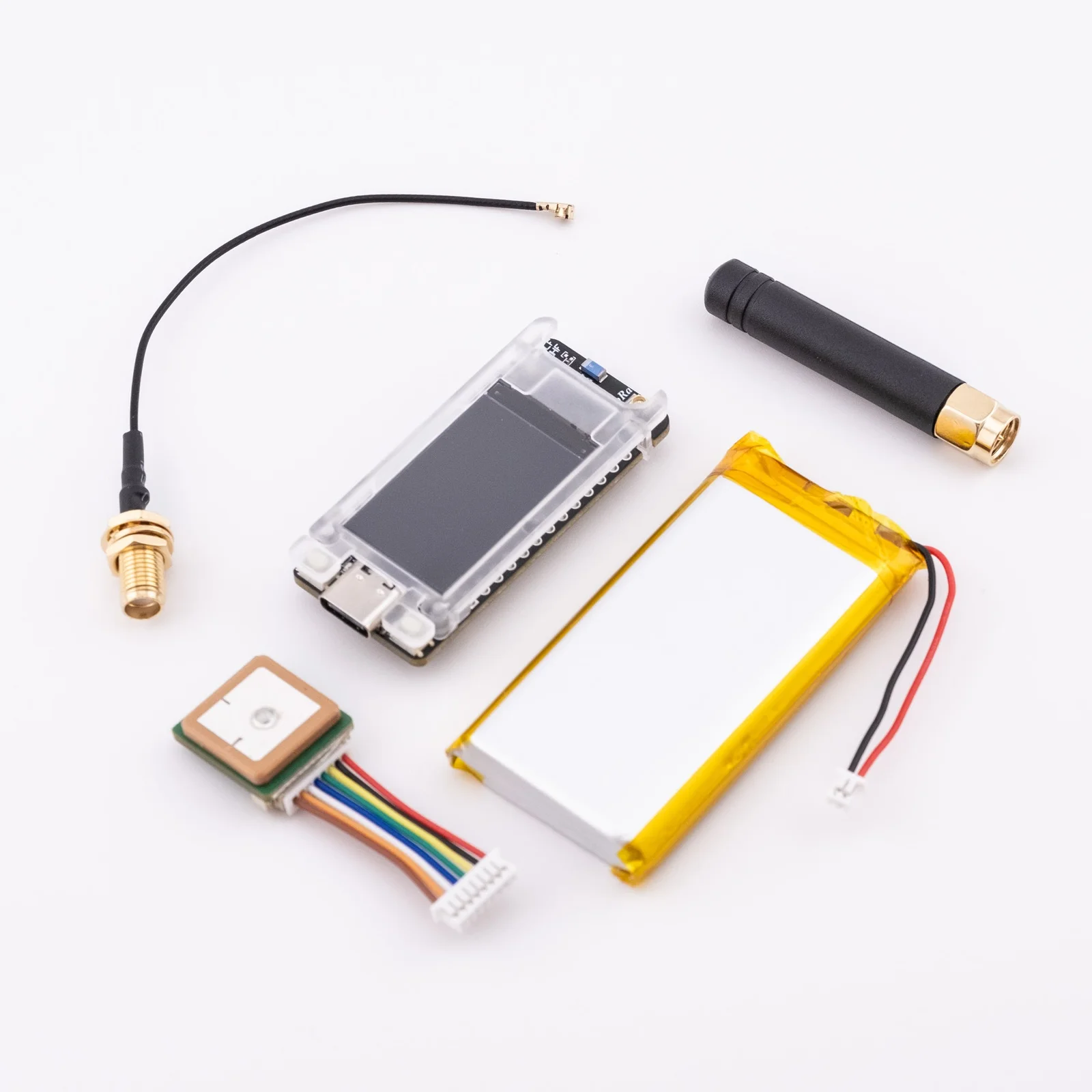 Muzi.Works Heltec T114 kit parts: board, antenna, battery and GPS module