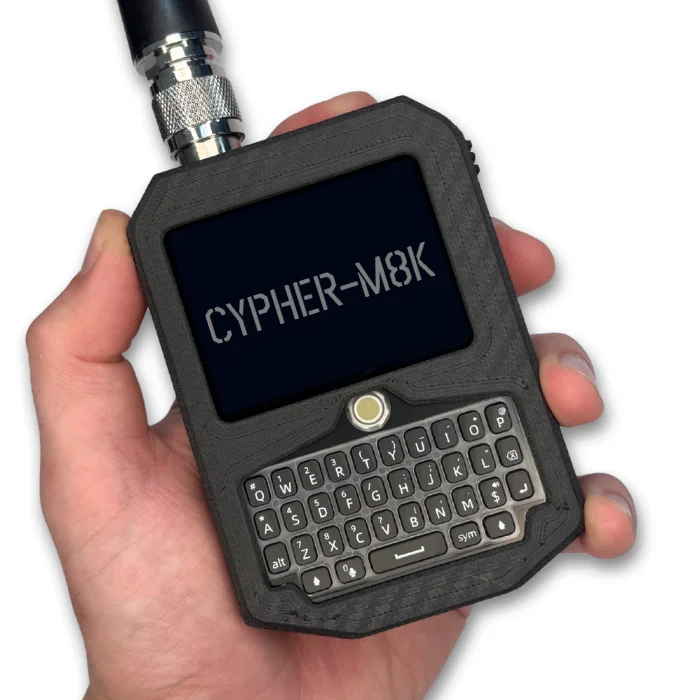 Rokland CYPHER-M8K handheld with keyboard, trackball, and external LoRa antenna