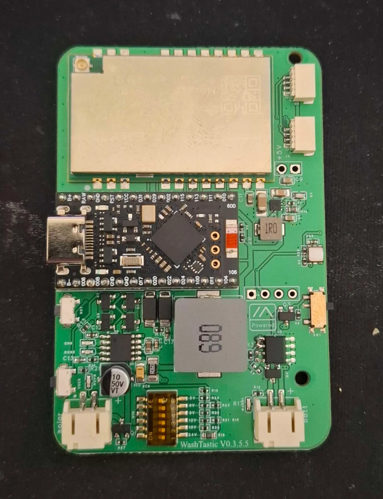Assembled WashTastic V0.3.5 board with a Pro Micro nRF52840 and Ebyte radio module